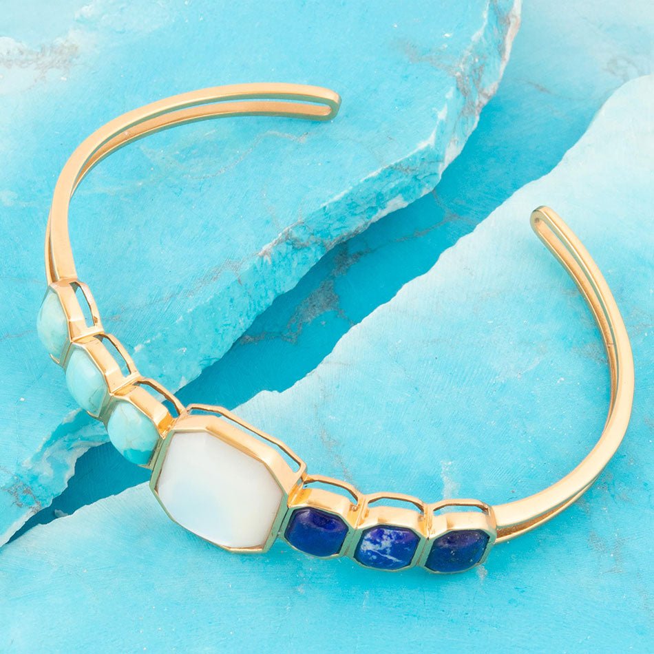 Dual Color Blue Lapis Turquoise and White Mother of Pearl Golden Cuff Bracelet