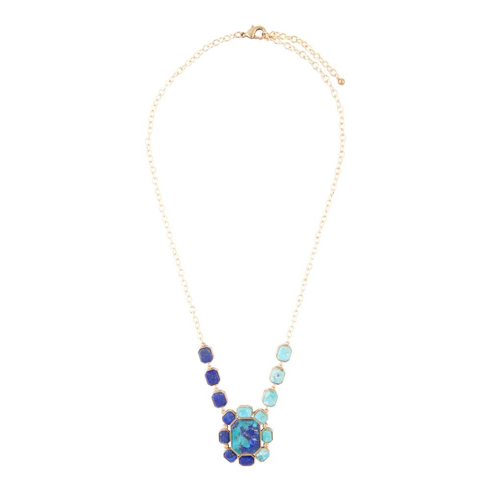 Duality Blue Lapis and Turquoise Golden Pendant Necklace
