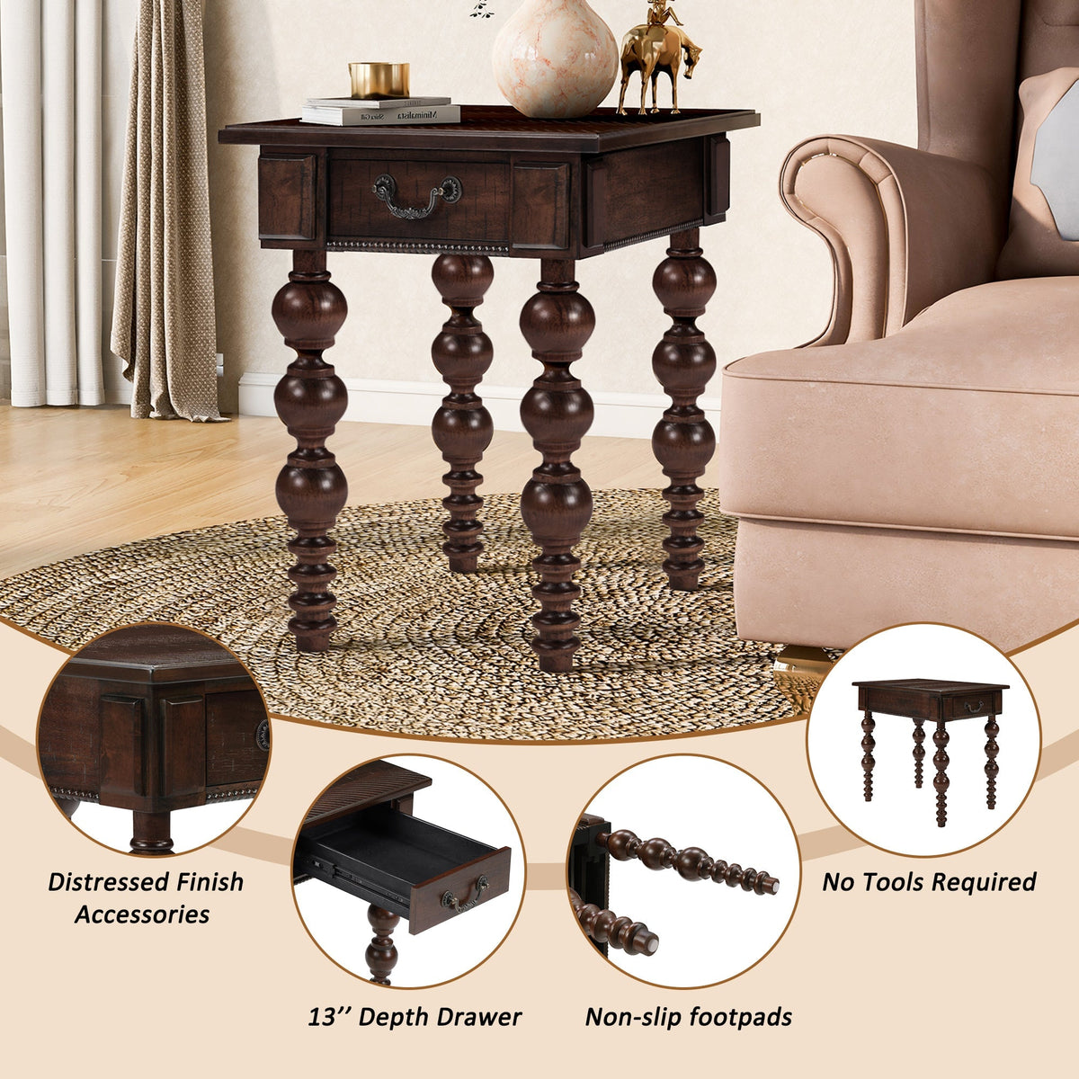 Solid Wood End Table with Drawer in Espresso Finish