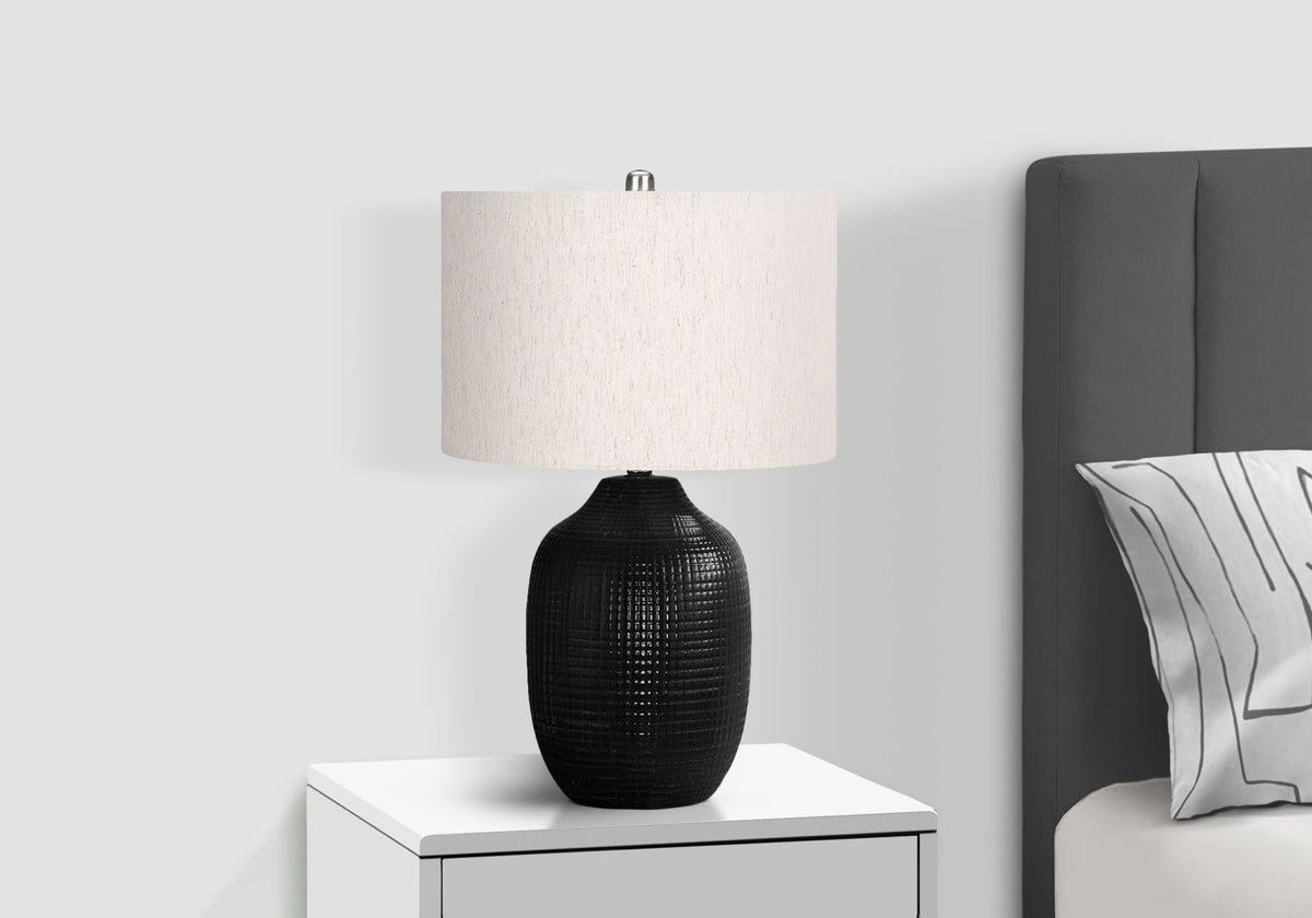 Contemporary Black Ceramic Table Lamp with 3-Way Switch - Ivory Linen Shade