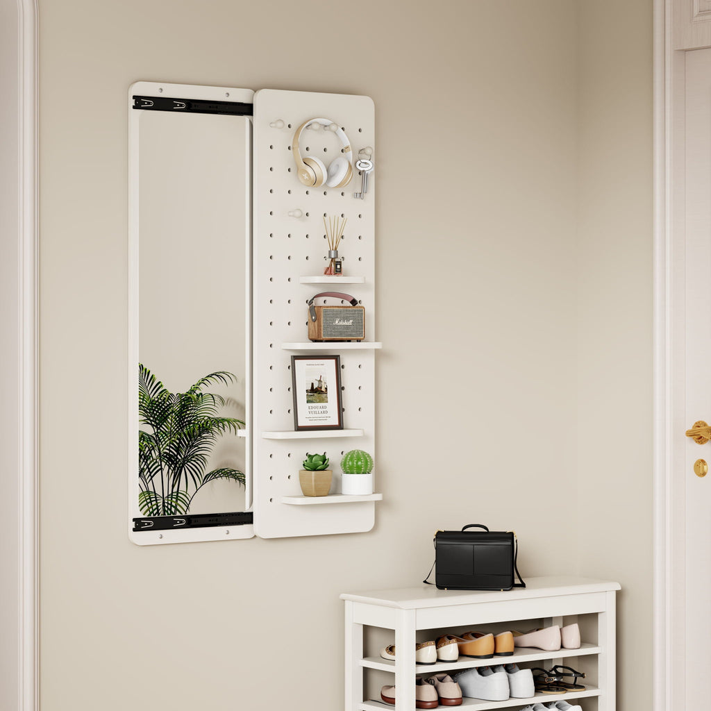Wall-Mounted Wood Storage Mirror with Shelf & Hook