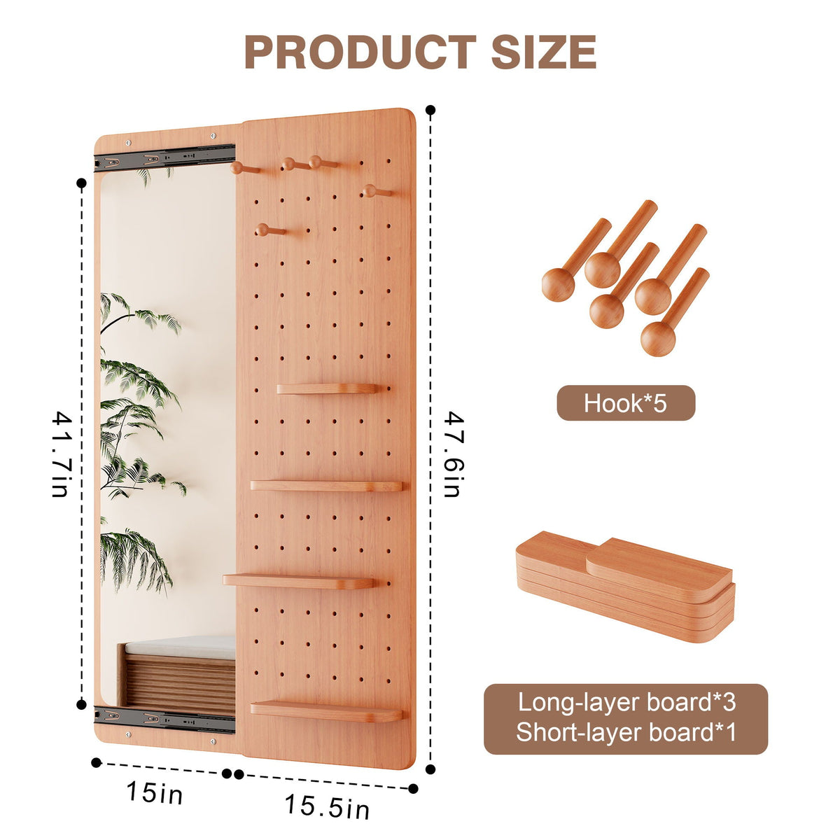 Wall-Mounted Wood Storage Mirror with Shelf & Hook