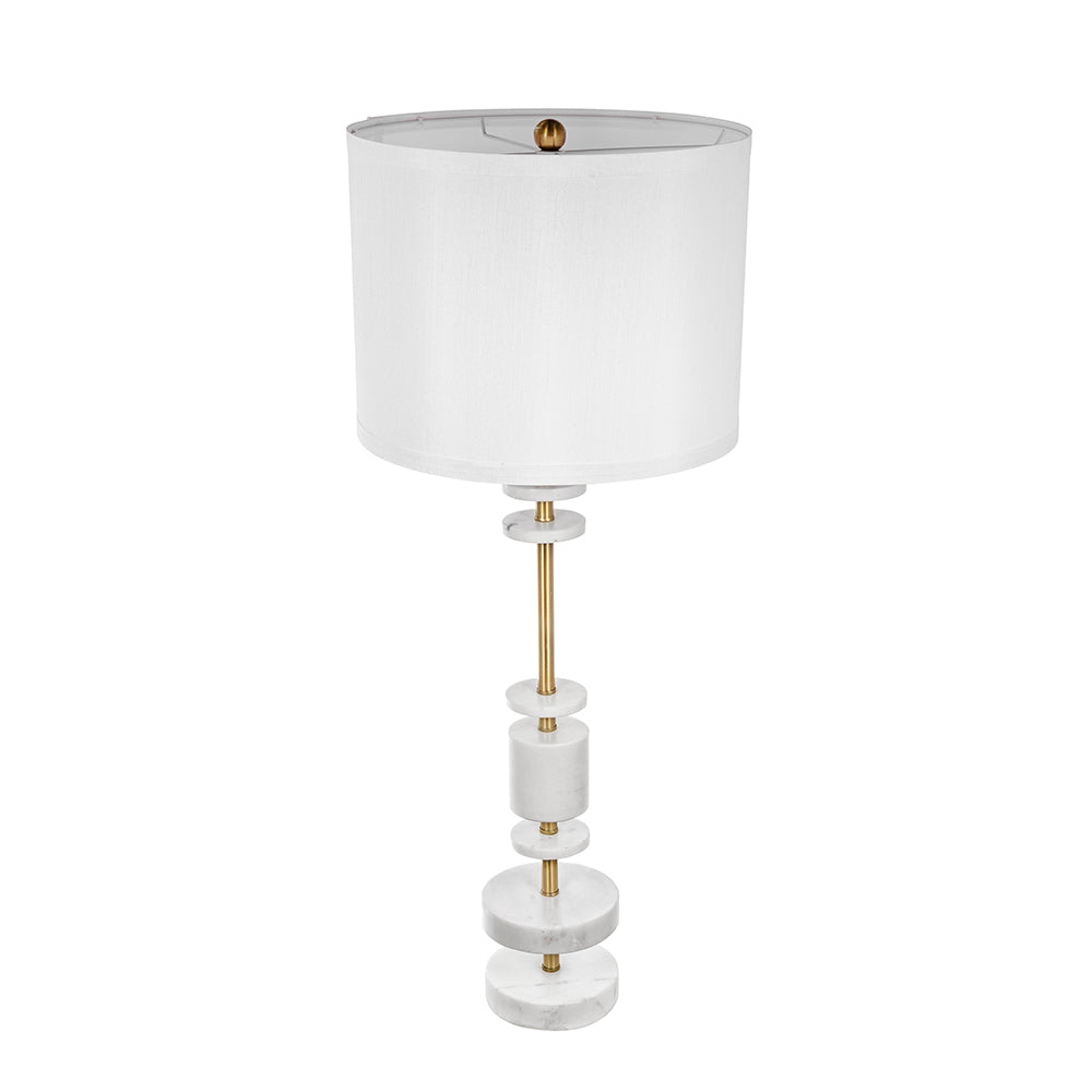 White Marble Table Lamp with Brass Frame and Drum Shade - White