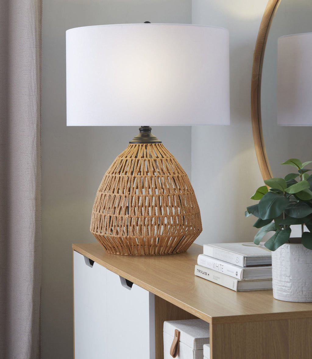 Natural Rattan Table Lamp | White Linen Shade
