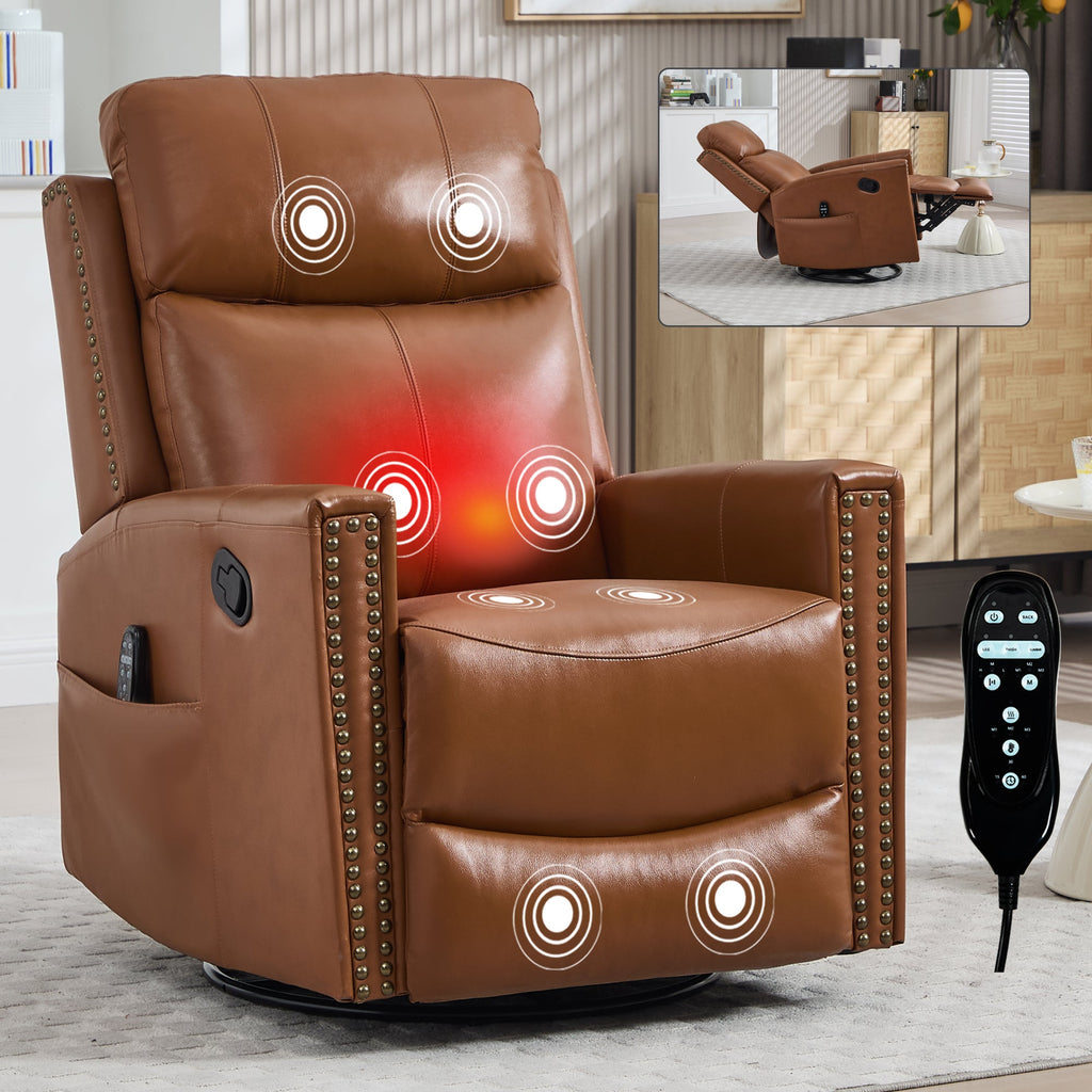 Genuine Leather Swivel Massage Recliner with Lumbar Heat