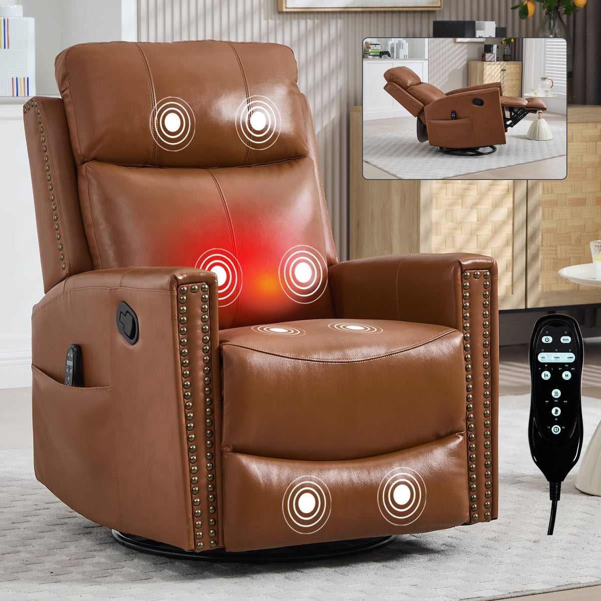 Genuine Leather Swivel Massage Recliner with Lumbar Heat