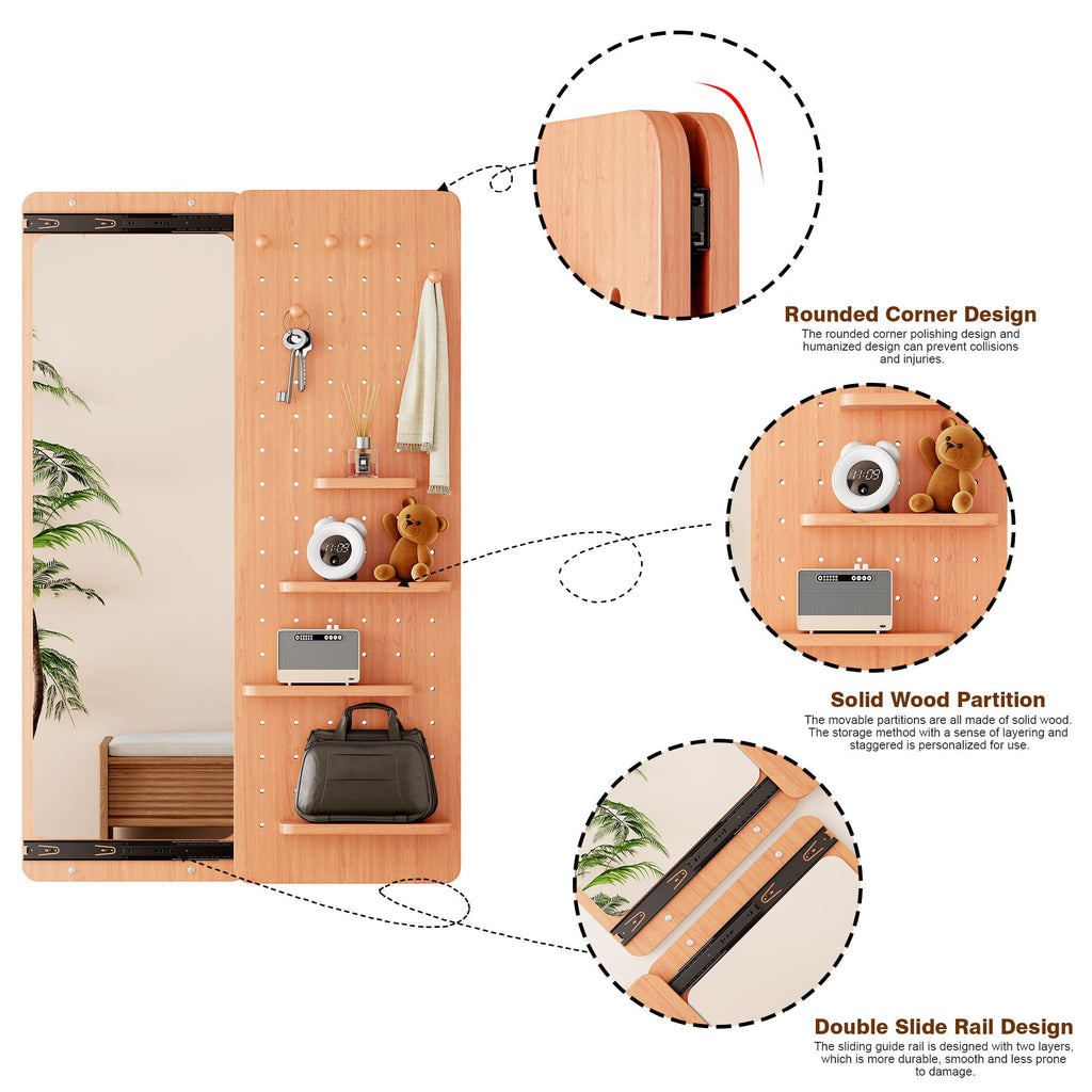 Wall-Mounted Wood Storage Mirror with Shelf & Hook