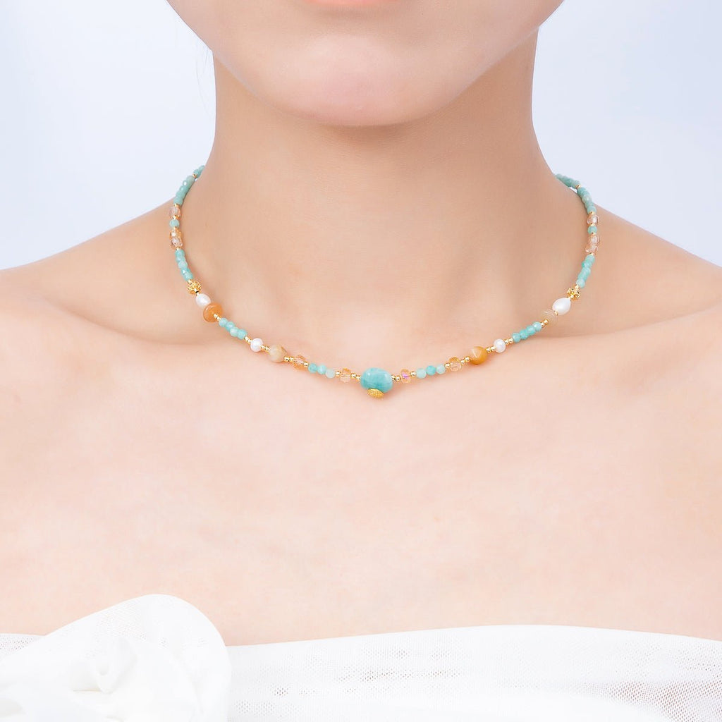 Handmade 4mm Citrine Aquamarine Round Gemstone Chain 16 Inch Necklace | WA-00319