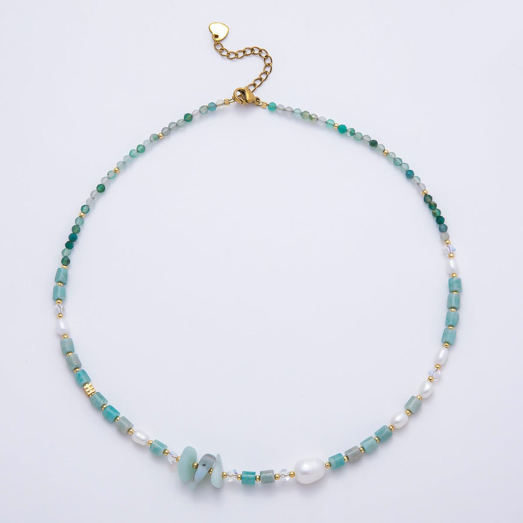 Amazonite & Shell Pearl Gemstone Necklace | Adjustable 16–18 in