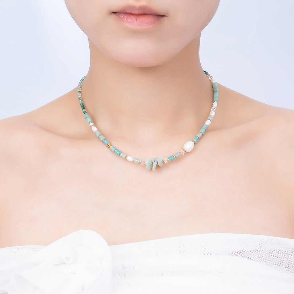 Amazonite & Shell Pearl Gemstone Necklace | Adjustable 16–18 in