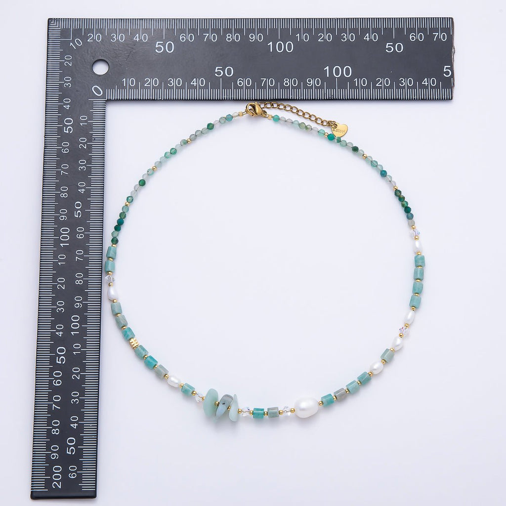 Amazonite & Shell Pearl Gemstone Necklace | Adjustable 16–18 in