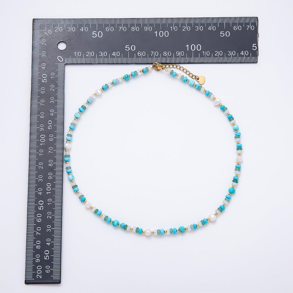 Handmade 4mm Shell Pearl Turquoise Aventurine Clear Quartz Rondelle Gemstone Chain 16 Inch Necklace | WA-00451