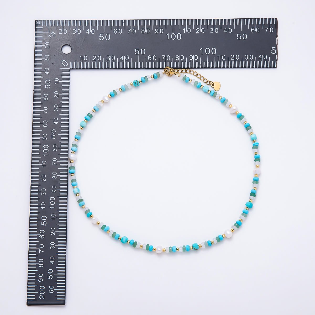 Handmade 4mm Shell Pearl Turquoise Aventurine Clear Quartz Rondelle Gemstone Chain 16 Inch Necklace | WA-00451