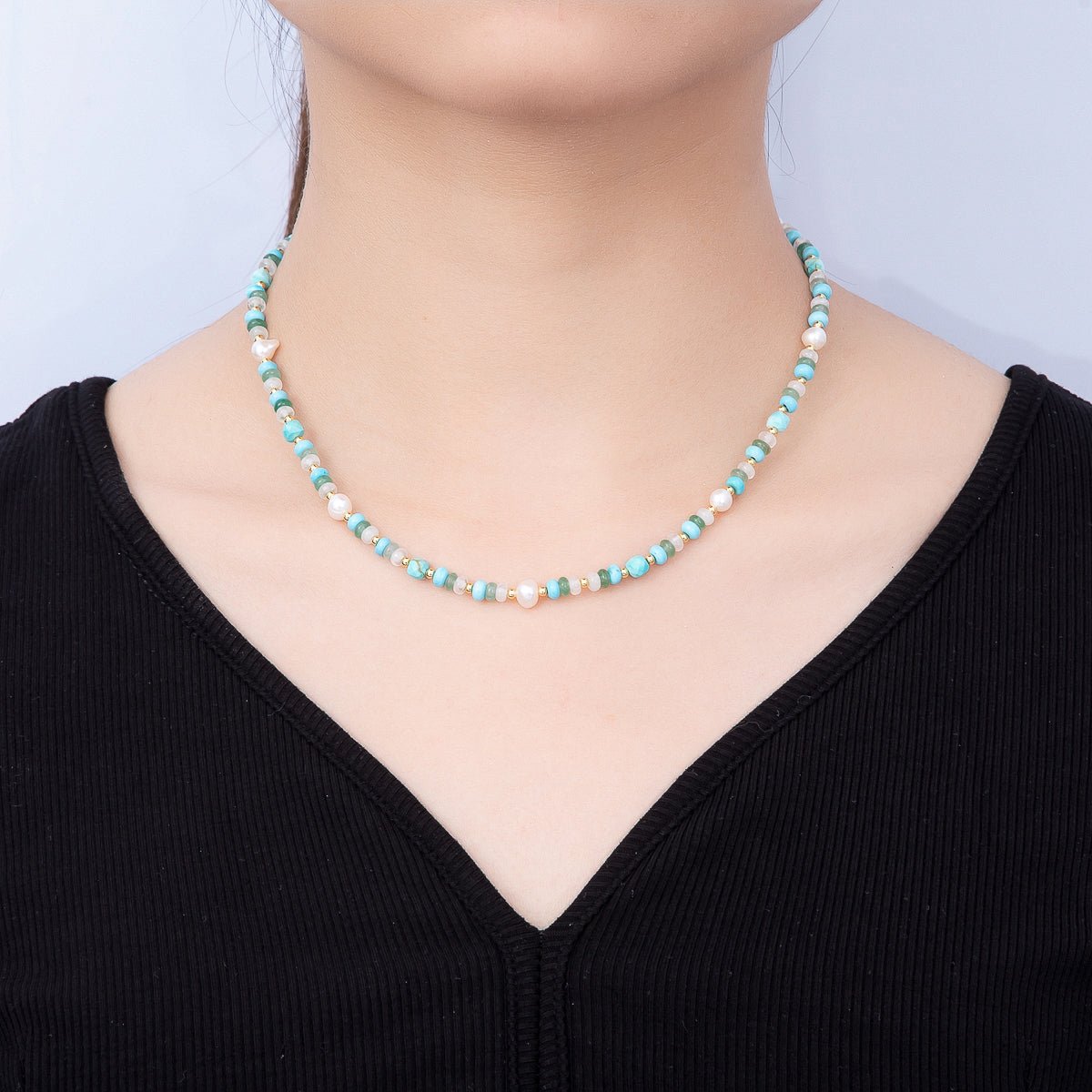 Handmade 4mm Shell Pearl Turquoise Aventurine Clear Quartz Rondelle Gemstone Chain 16 Inch Necklace | WA-00451