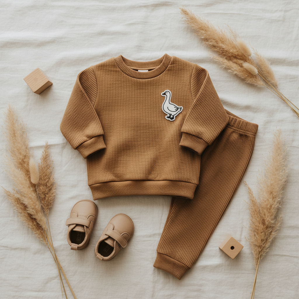 Organic cotton baby goose patch sweatshirt and pants set in khaki, flatlay on linen surface