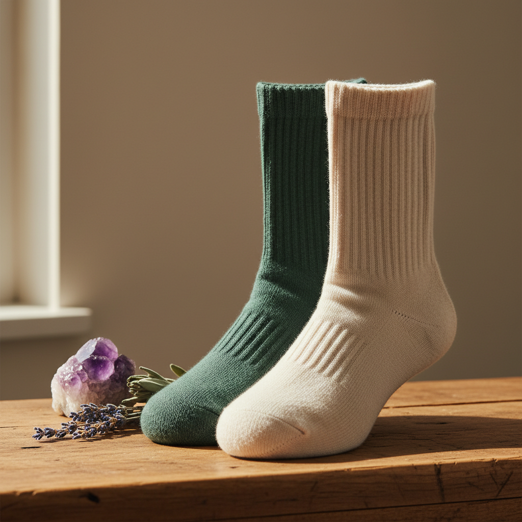 Premium organic cotton crew socks in forest green on a natural wood surface with crystals and dried herbs