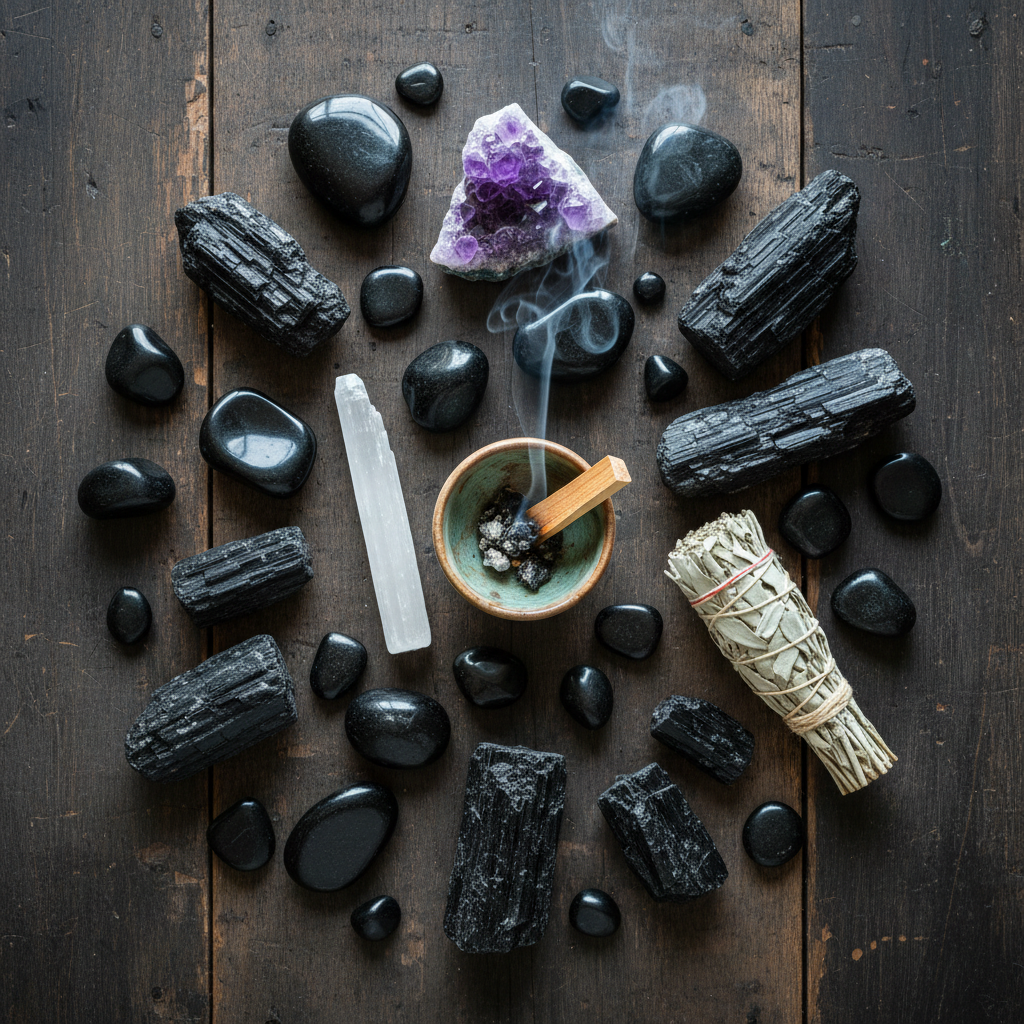 Collection of black tourmaline raw and tumbled stones with selenite wand, amethyst and dried sage overhead