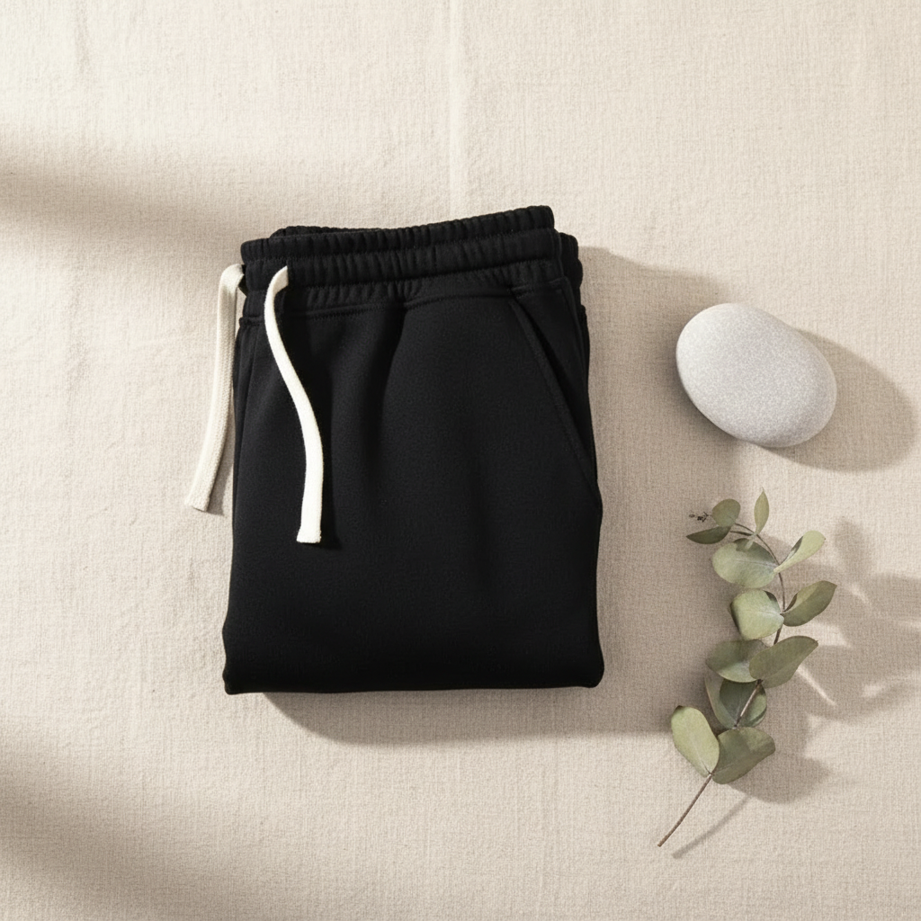 Men's black cotton gym shorts flatlay on cream linen with eucalyptus and stone