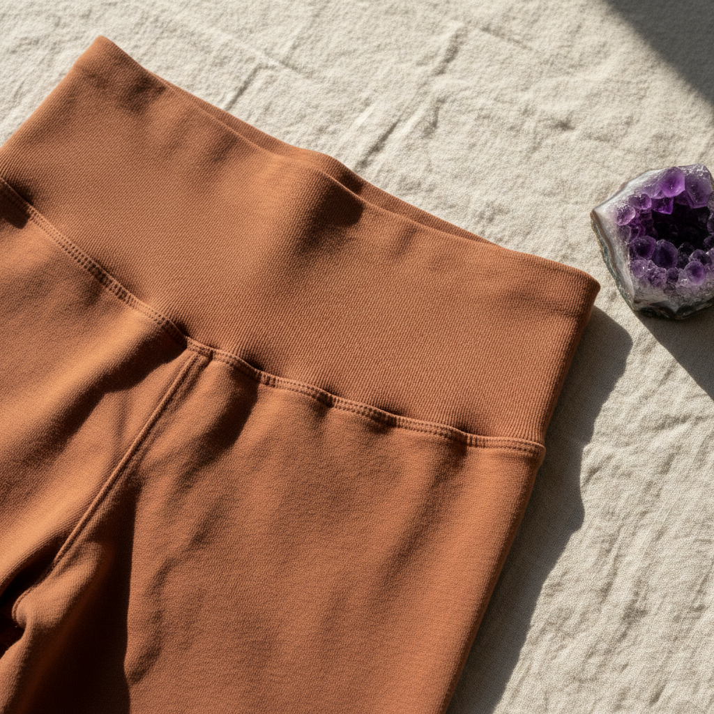 Close-up of organic cotton yoga leggings fabric in terracotta showing 4-way stretch weave