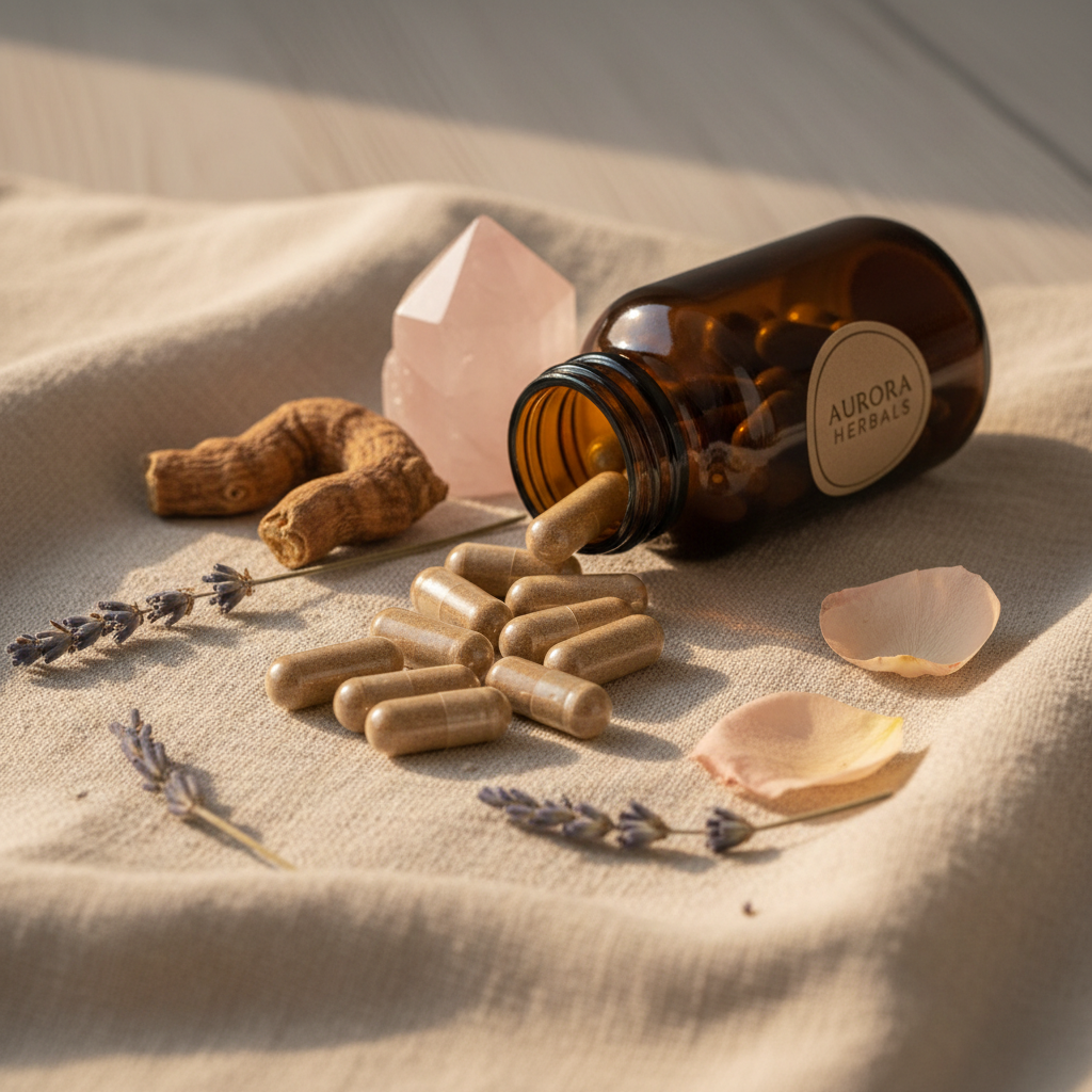 Organic ashwagandha capsules spilling from amber glass bottle on linen with rose quartz crystal