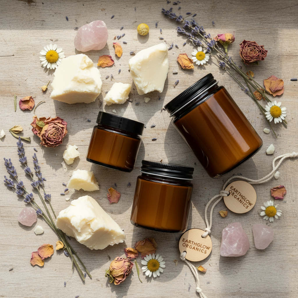 Organic body butter amber jars with shea butter chunks, lavender and rose quartz overhead flat lay