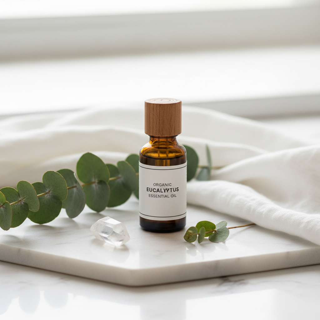 Organic eucalyptus essential oil bottle on white marble with fresh eucalyptus branches and quartz crystal