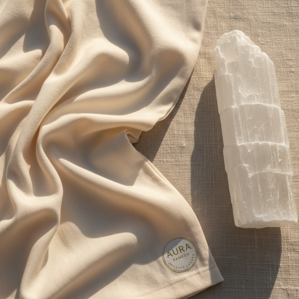 Close-up of ultra-soft organic bamboo pajama fabric in natural ivory with selenite crystal