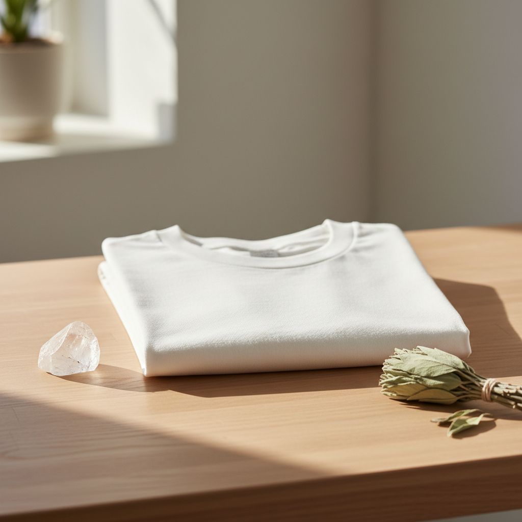 Organic cotton men's white t-shirt folded on wood surface with clear quartz and dried sage