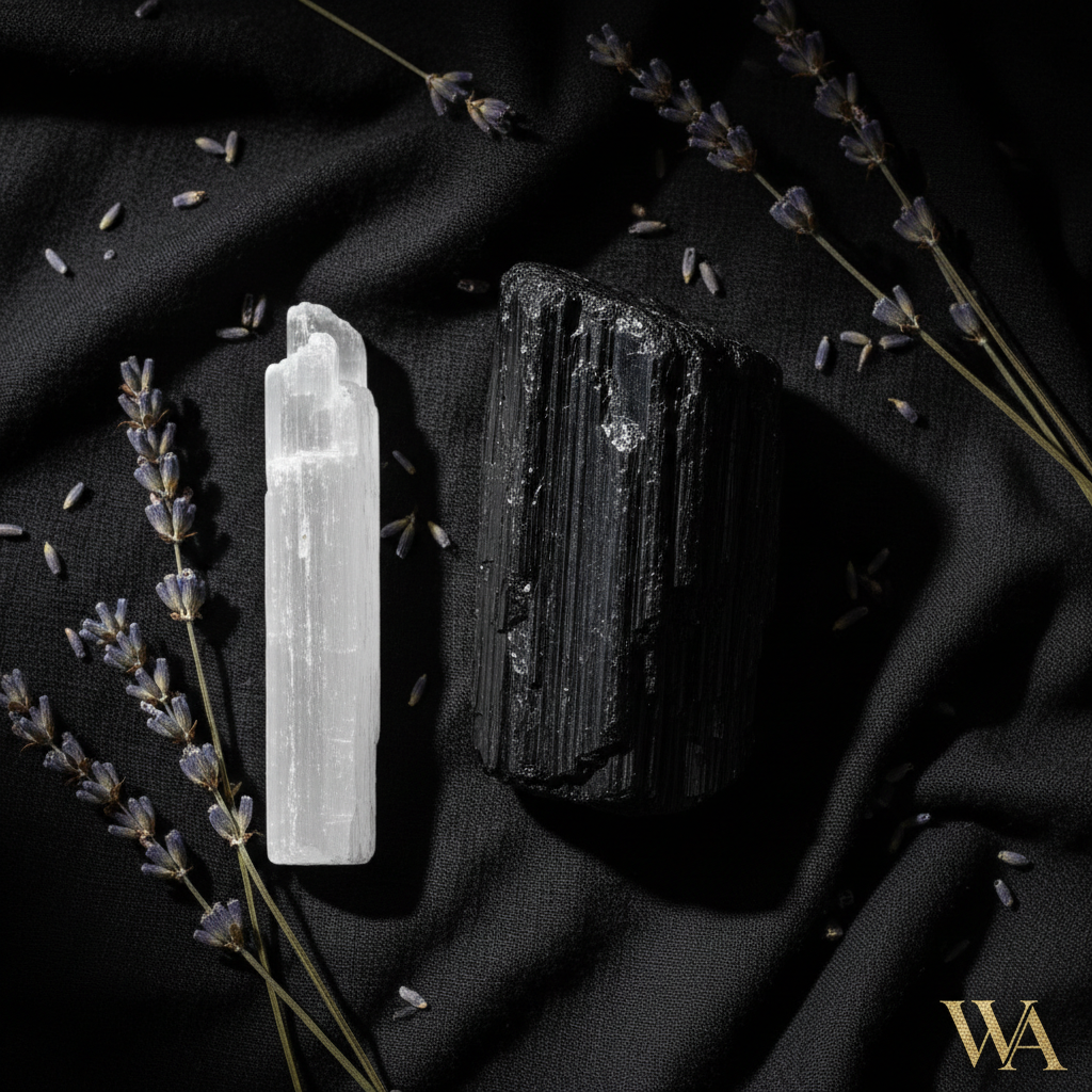 Close-up of raw black tourmaline crystal showing natural striated texture on black linen with selenite