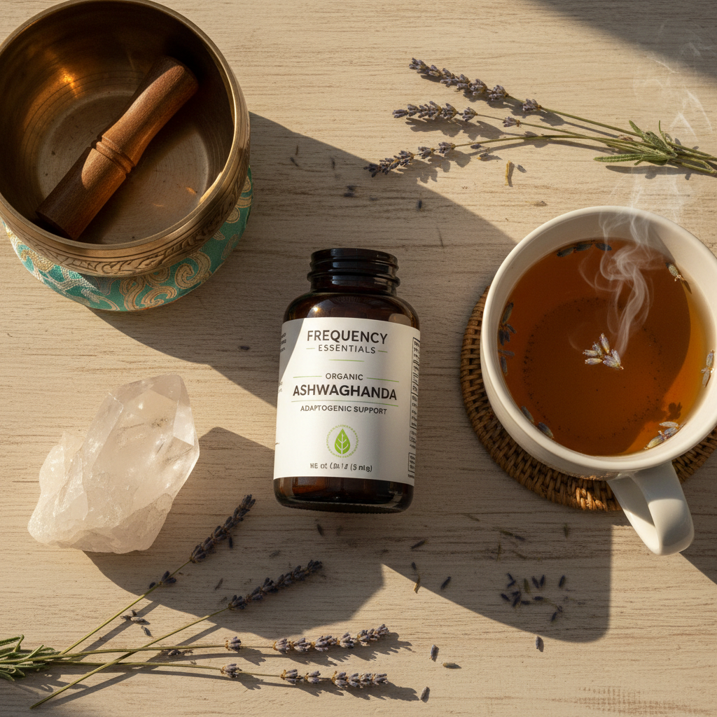 Organic ashwagandha supplement beside tibetan singing bowl, quartz crystal and herbal tea