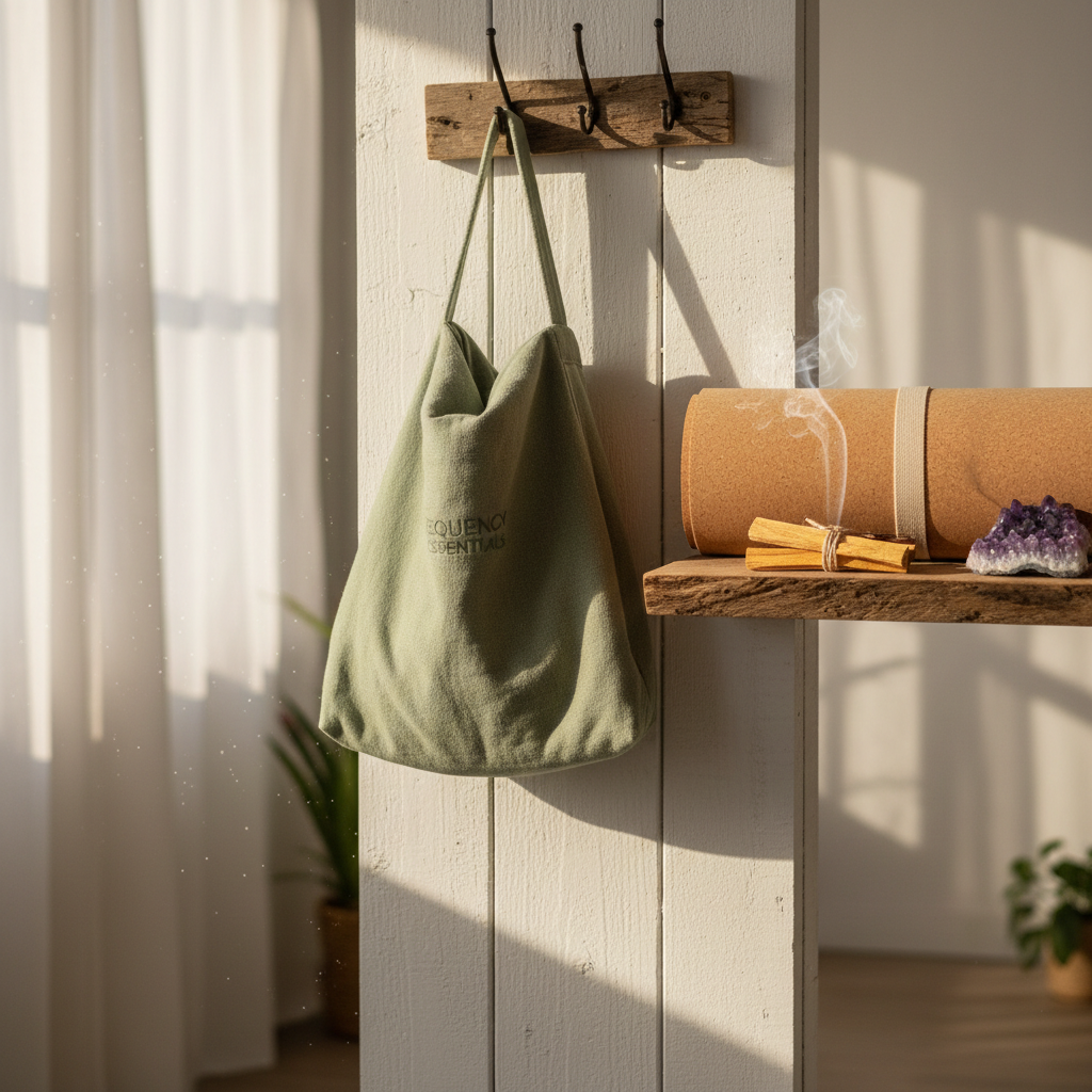 Organic cotton yoga bag in sage green hanging on wooden hook beside yoga mat and palo santo