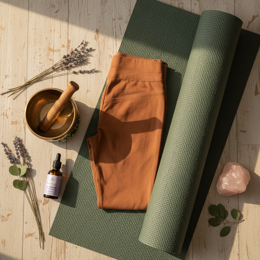 Organic yoga leggings in terracotta beside yoga mat, tibetan singing bowl and essential oil