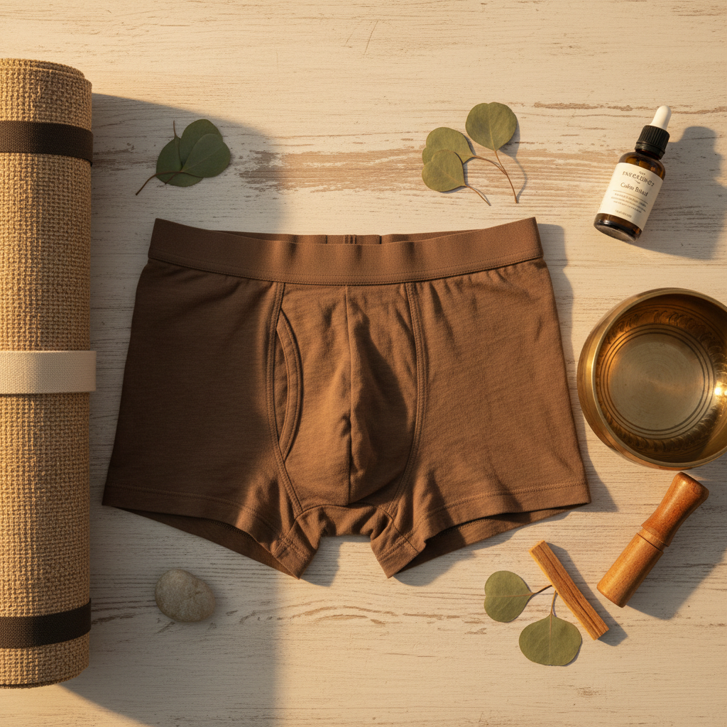 Organic men's boxer briefs in earth brown beside yoga mat and tibetan singing bowl