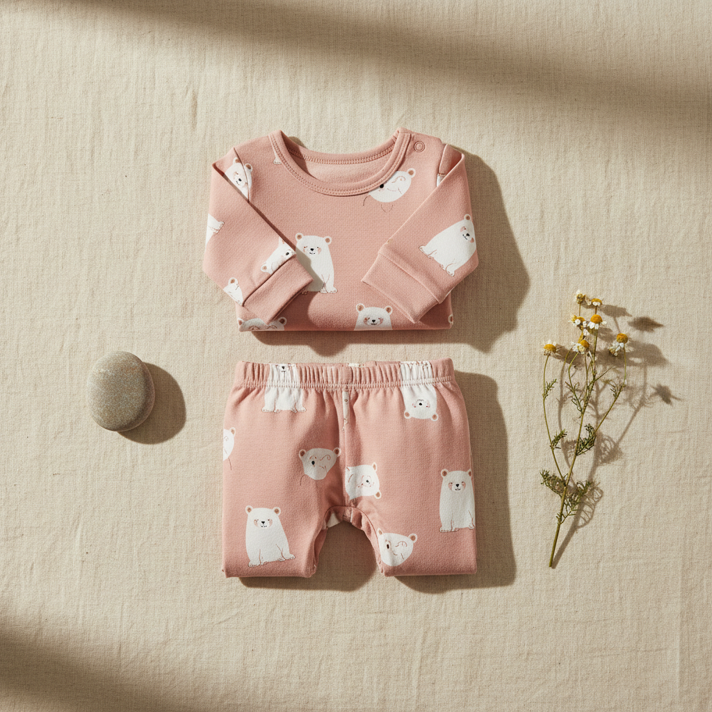 Baby girl cotton pajama set flatlay in blush pink with cartoon print on cream linen with chamomile sprig