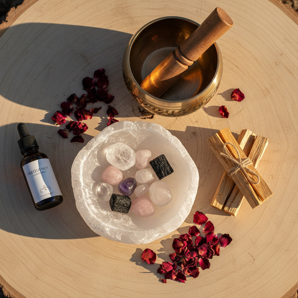 Selenite charging bowl with crystals beside palo santo, dried rose petals and tibetan singing bowl