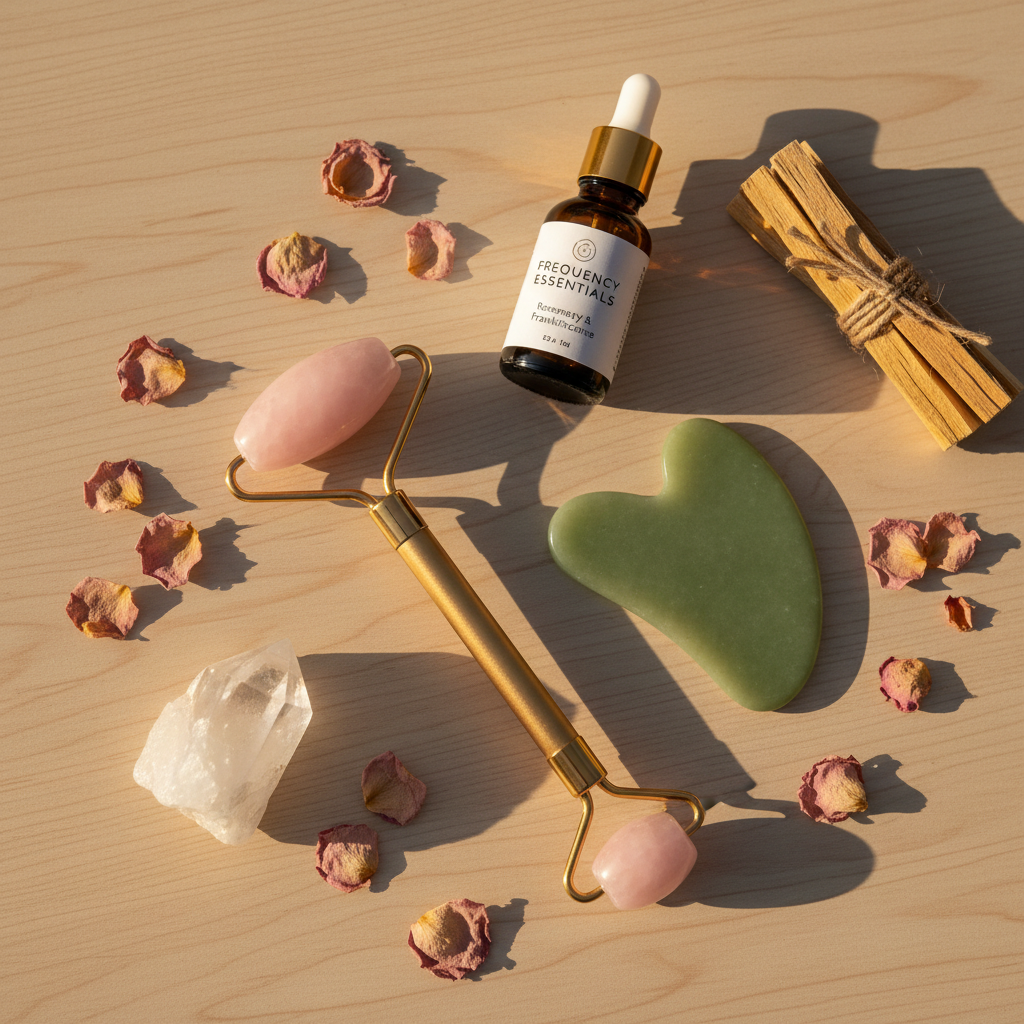 Rose quartz roller beside jade gua sha, essential oil, dried rose petals and clear quartz crystal