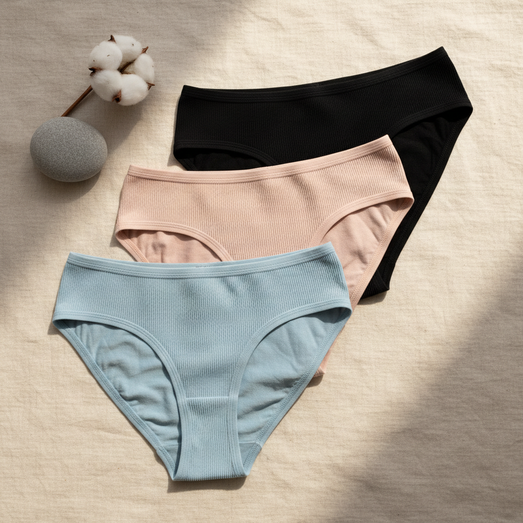 Seamless ribbed cotton thong 3-pack flatlay in black, pink, and blue on cream linen with cotton boll