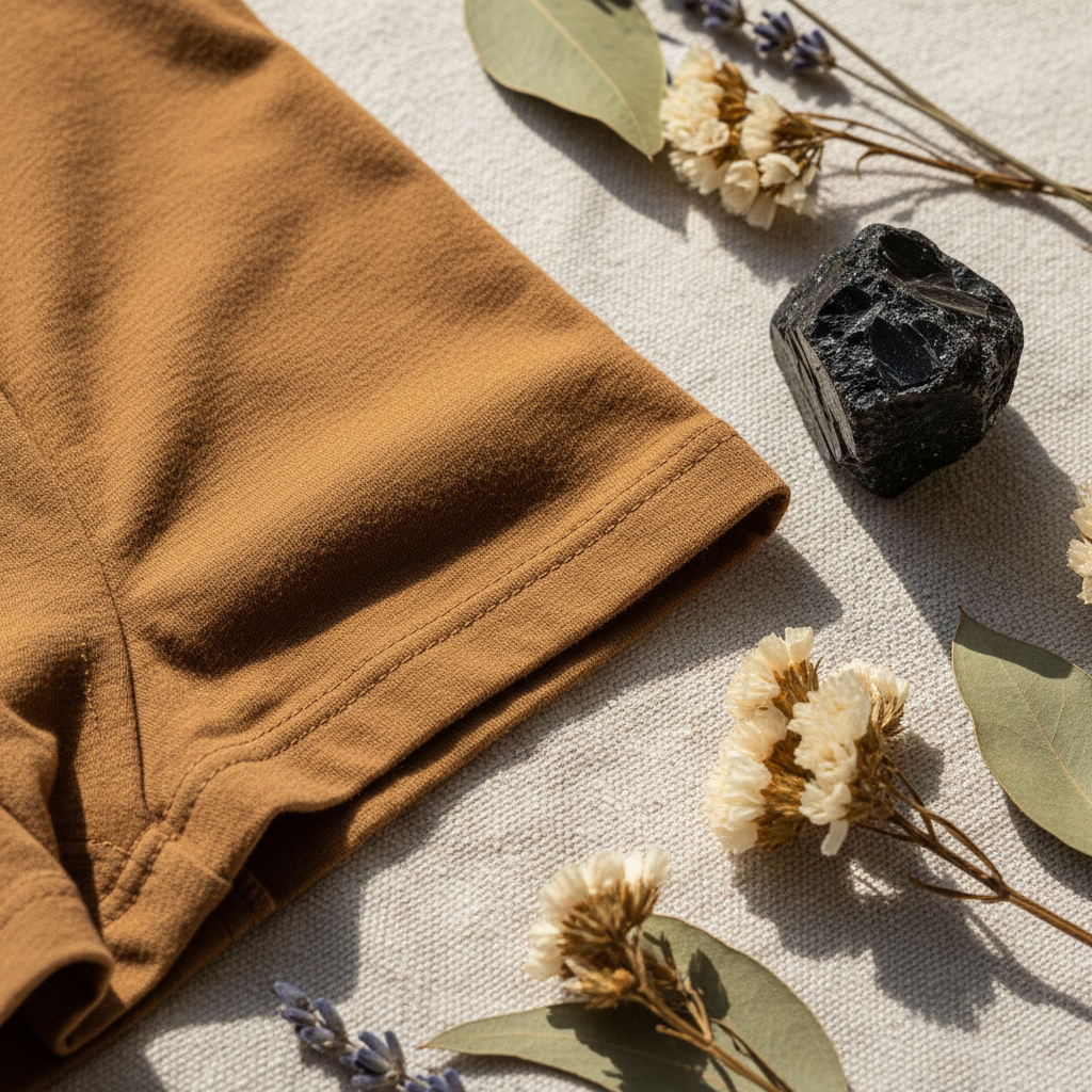 Close-up of organic cotton men's boxer briefs fabric texture in earth brown with black tourmaline