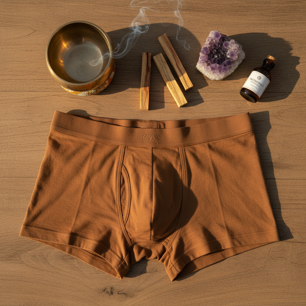 Organic men's boxer briefs in earth brown beside tibetan singing bowl, palo santo and amethyst