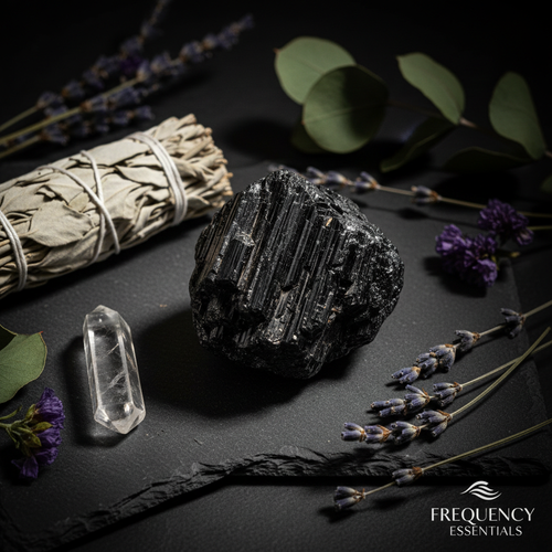 Raw black tourmaline crystal on dark slate with dried sage, clear quartz and dried botanicals