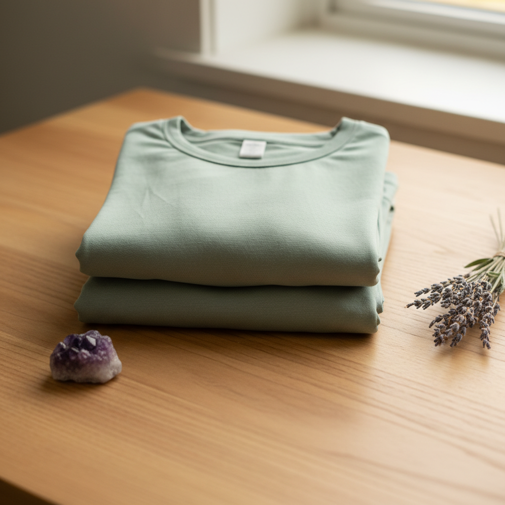 Organic bamboo pajama set in sage green folded on wood surface with amethyst and dried lavender