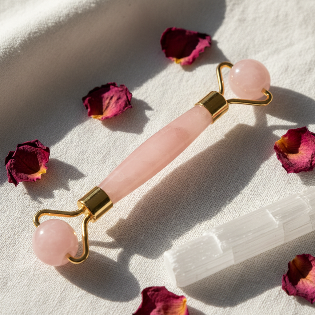 Close-up of rose quartz facial roller showing smooth pink crystal stone and gold handle