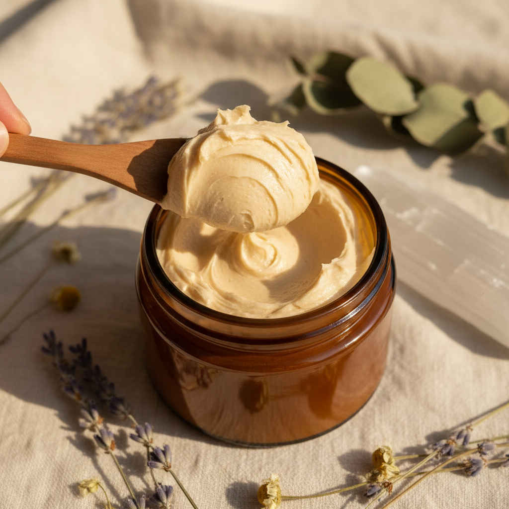Rich creamy organic body butter being scooped with wooden spatula from amber jar with botanicals