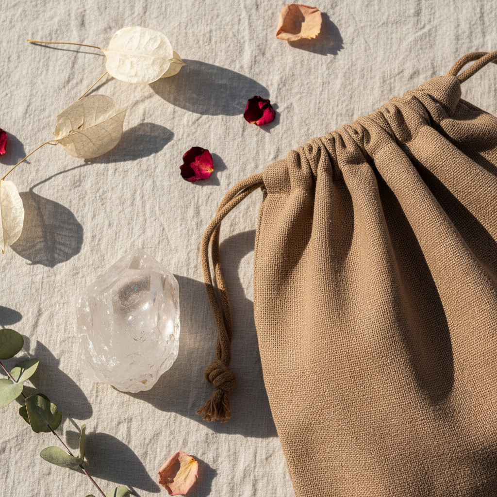 Close-up of organic cotton yoga bag fabric in earth brown showing natural weave and drawstring