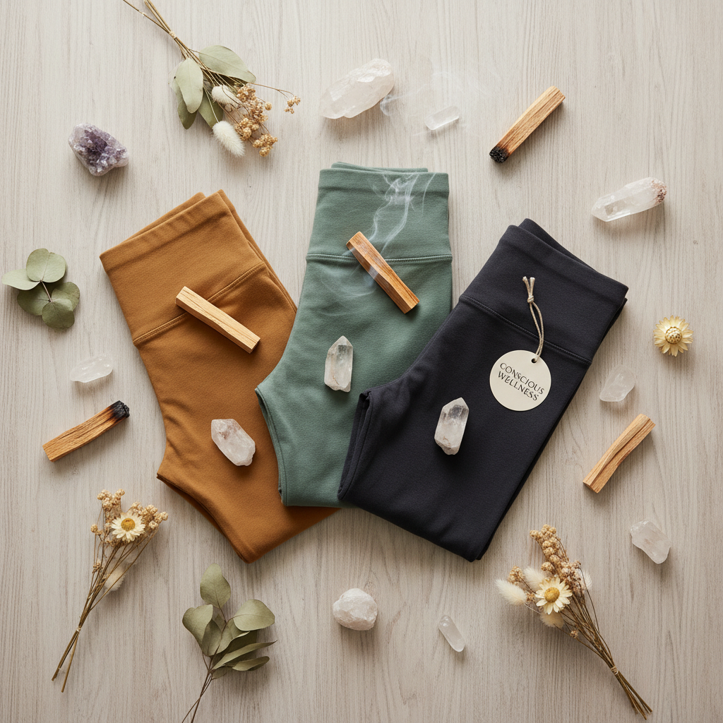 Organic yoga leggings in ochre, sage green and charcoal flat lay with palo santo and quartz