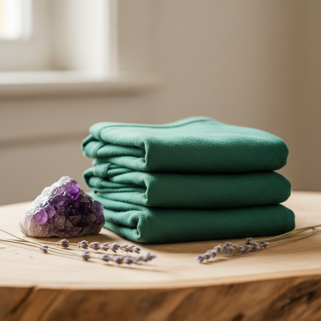 Organic cotton women's briefs in forest green with amethyst crystal and dried lavender on wood surface