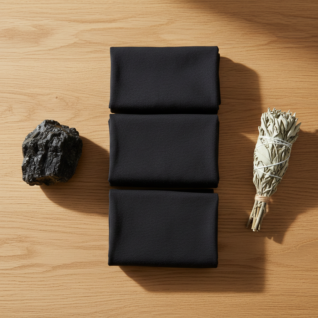 Organic cotton men's boxer briefs in charcoal black with black tourmaline crystal and dried sage