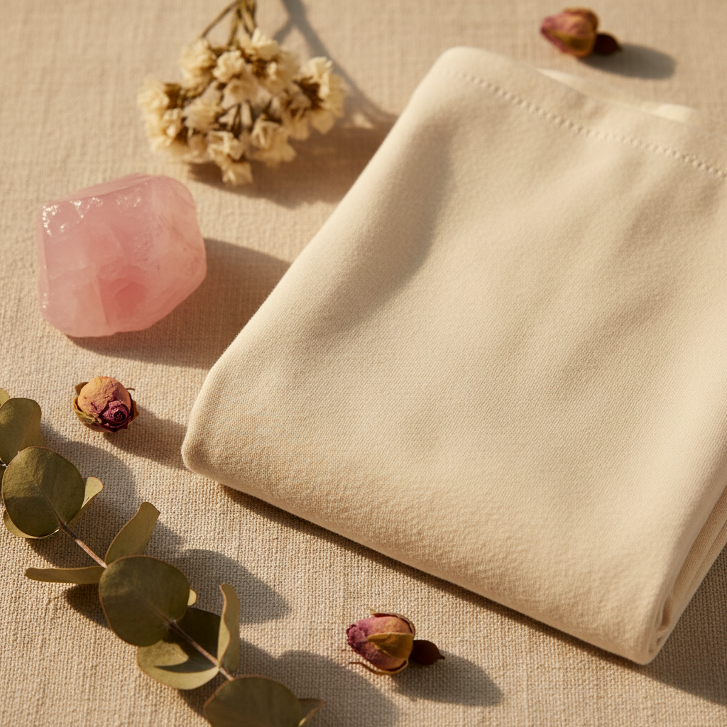 Close-up of organic cotton women's underwear fabric texture in natural ivory with rose quartz