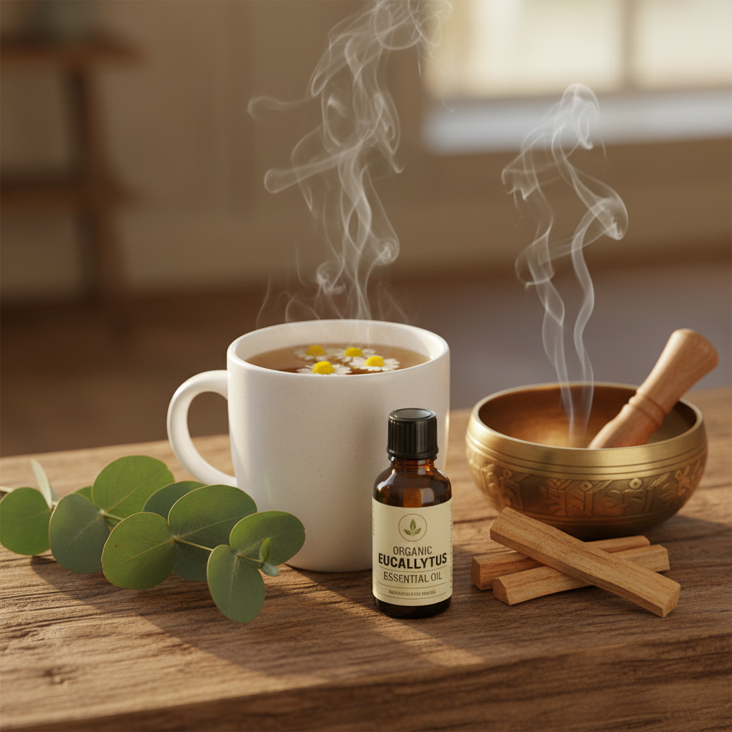 Eucalyptus oil beside steaming herbal tea, fresh eucalyptus sprigs, tibetan singing bowl and palo santo