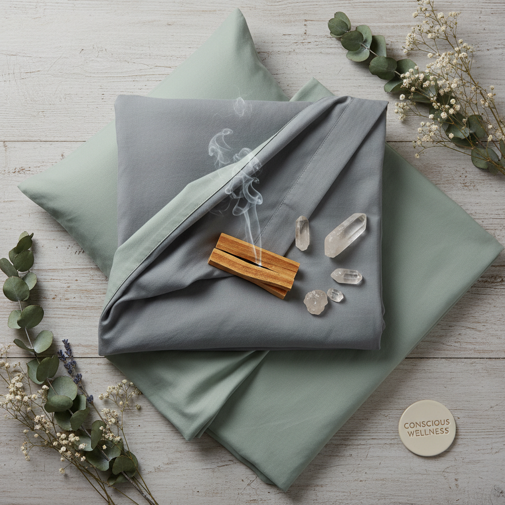 Organic bamboo sleep set in soft grey and sage green flat lay with palo santo and clear quartz